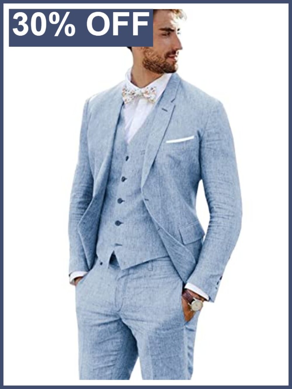 Men's 3 Piece Linen Suit Set Wedding Tuxedo Slim Fit Vest Pants